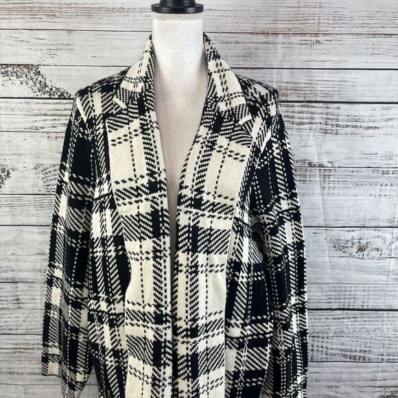 Chaps Duster Long Cardigan Sweater Plus size 2X Black Ivory Plaid Stretch Preppy - Picture 4 of 14